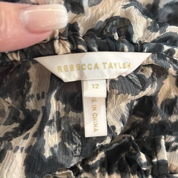 Rebecca Taylor Brown and Tan Tie Front Blouse with Mandarin Collar, US12 - Picture 10 of 11